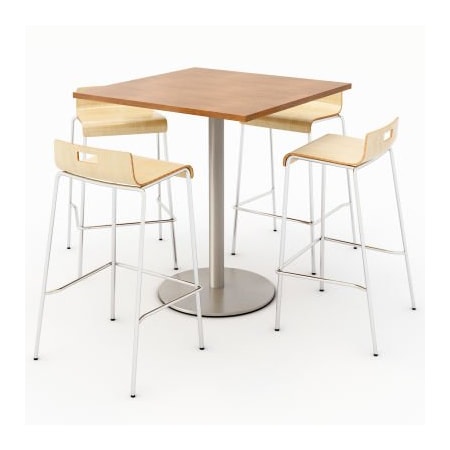 Kfi KFI 36" Dining Table & 4 Barstool Set, Cherry Table With Natural Stools T36SQ-B1922SL-38-7937-BR9333-4-NA